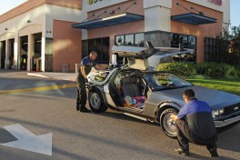 October 20, 2015 Lakewood, CA - A replica DeLorean time machine makes a pit stop at a local Godyear dealer for a full checkup before its big day. Goodyear Eagle tires were used on the original car in the Back to the Future trilogy, which famously travelled forward in time to October 21, 2015.
(Carlos Delgado/AP Images for Goodyear)
